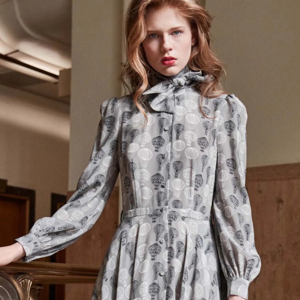 CO. Balloon Print Long Sleeve Button Down Tunic Blouse